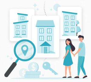 Couple search for a home A vector image of three houses with a couple looking at them and a large magnifying glass to indicate their housing search